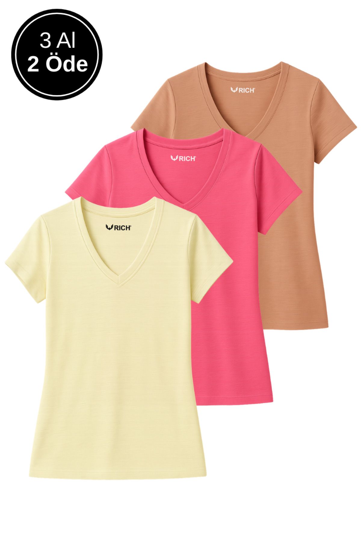 Rich Kadın 3'lü Paket Kahverengi-Sarı-Pembe %100 Organik Pamuk Normal Kesim Tişört V Yaka T-Shirt