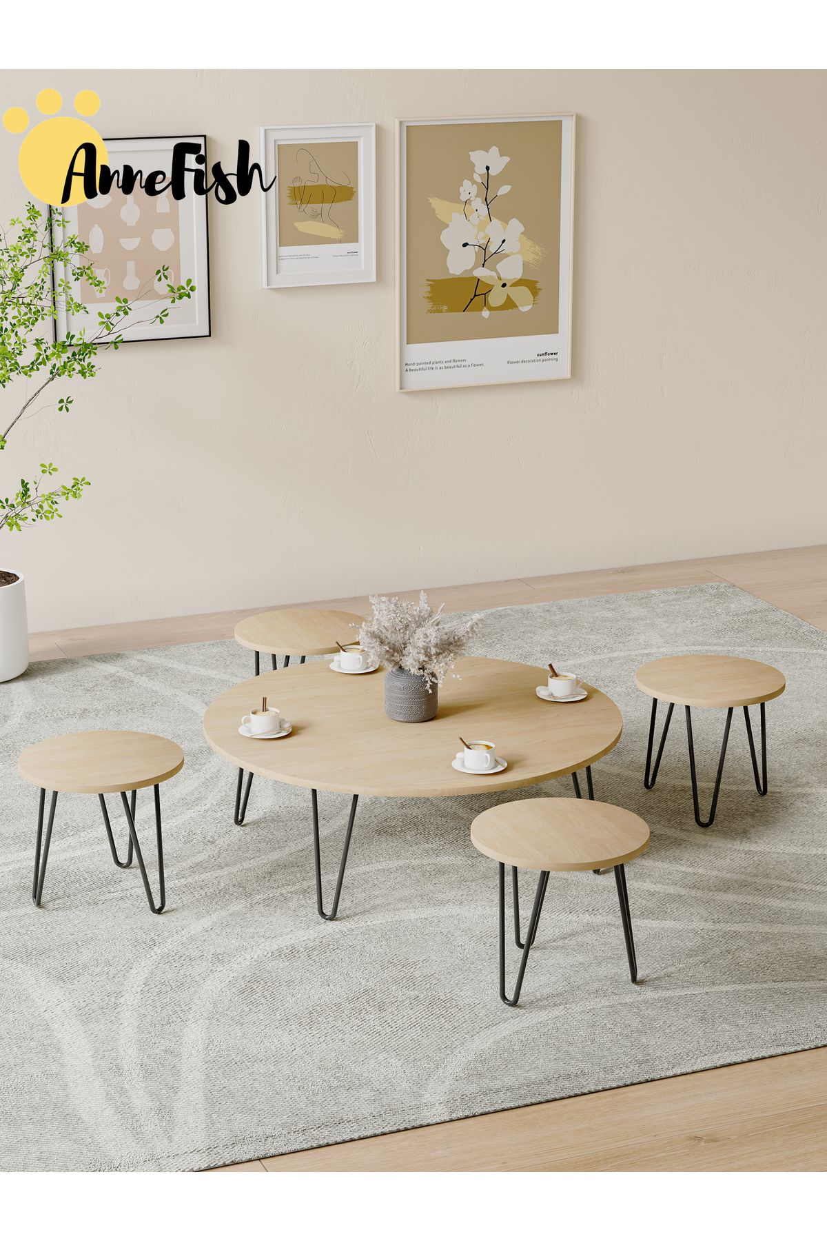 AnneFish-5pcs Floor Coffee Table Set Low Round Home Nesting Friends Gathering Table Set Of 5 Side Table 3
