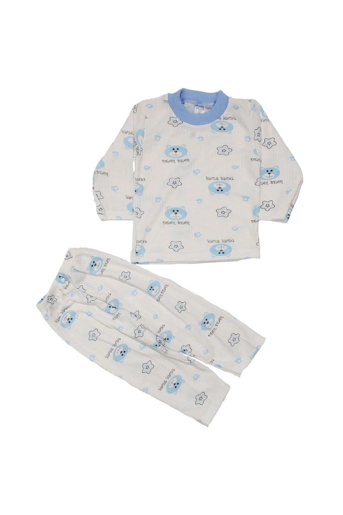 by BebekOdam Erkek Çocuk Beyaz Mavi Yıldızlı Ayılı Desenli 2'li Pijama Takımı