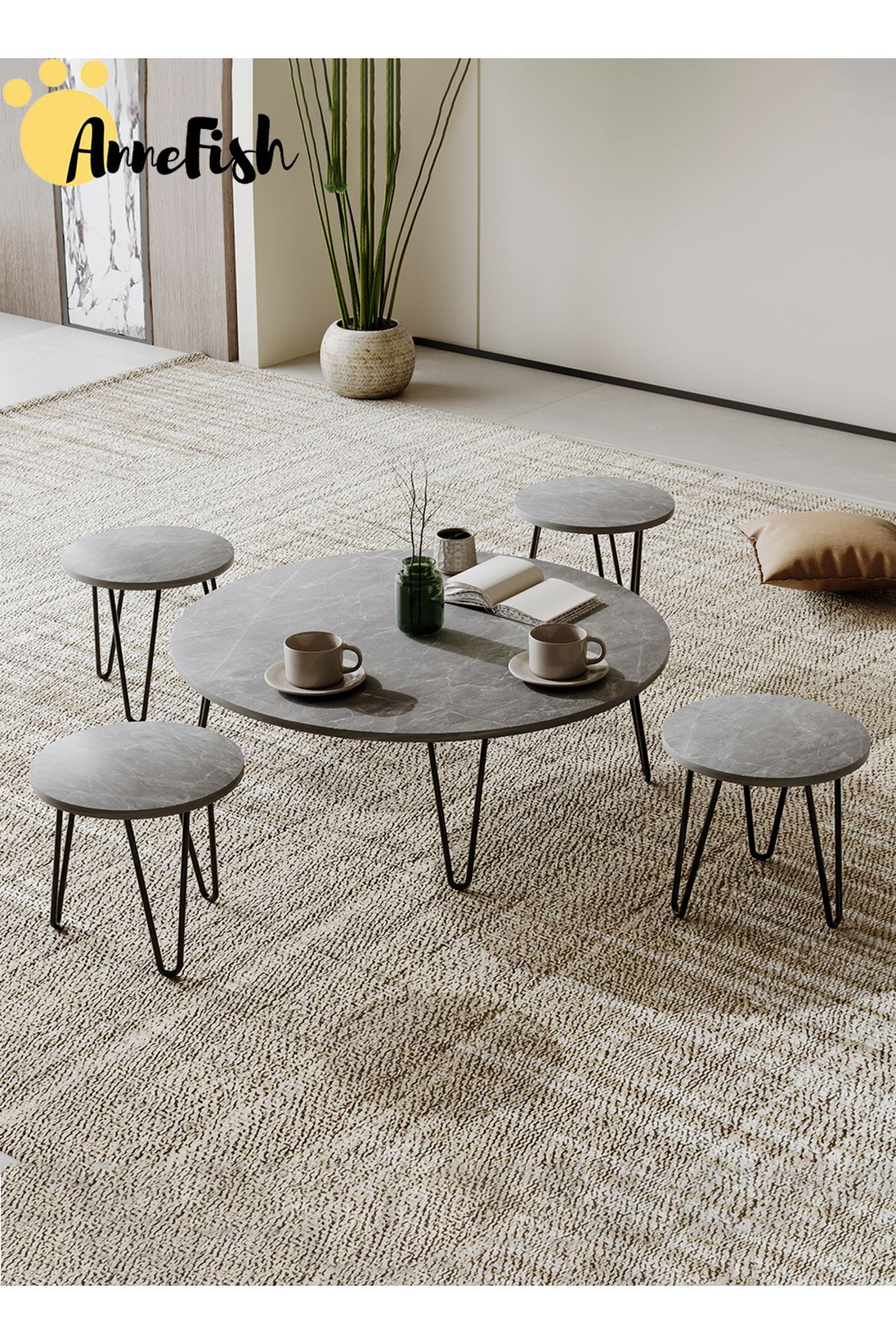 AnneFish-5pcs Floor Coffee Table Set Low Round Home Nesting Friends Gathering Table Set Of 5 Side Table 5