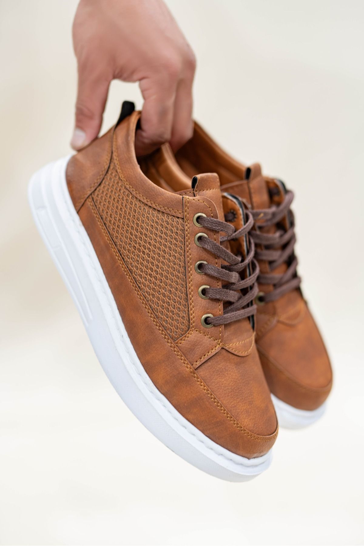 BİKAJOO Erkek Taba Beyaz Fileli Bağcıklı Günlük Casual Ayakkabı Sneaker BKJ4058