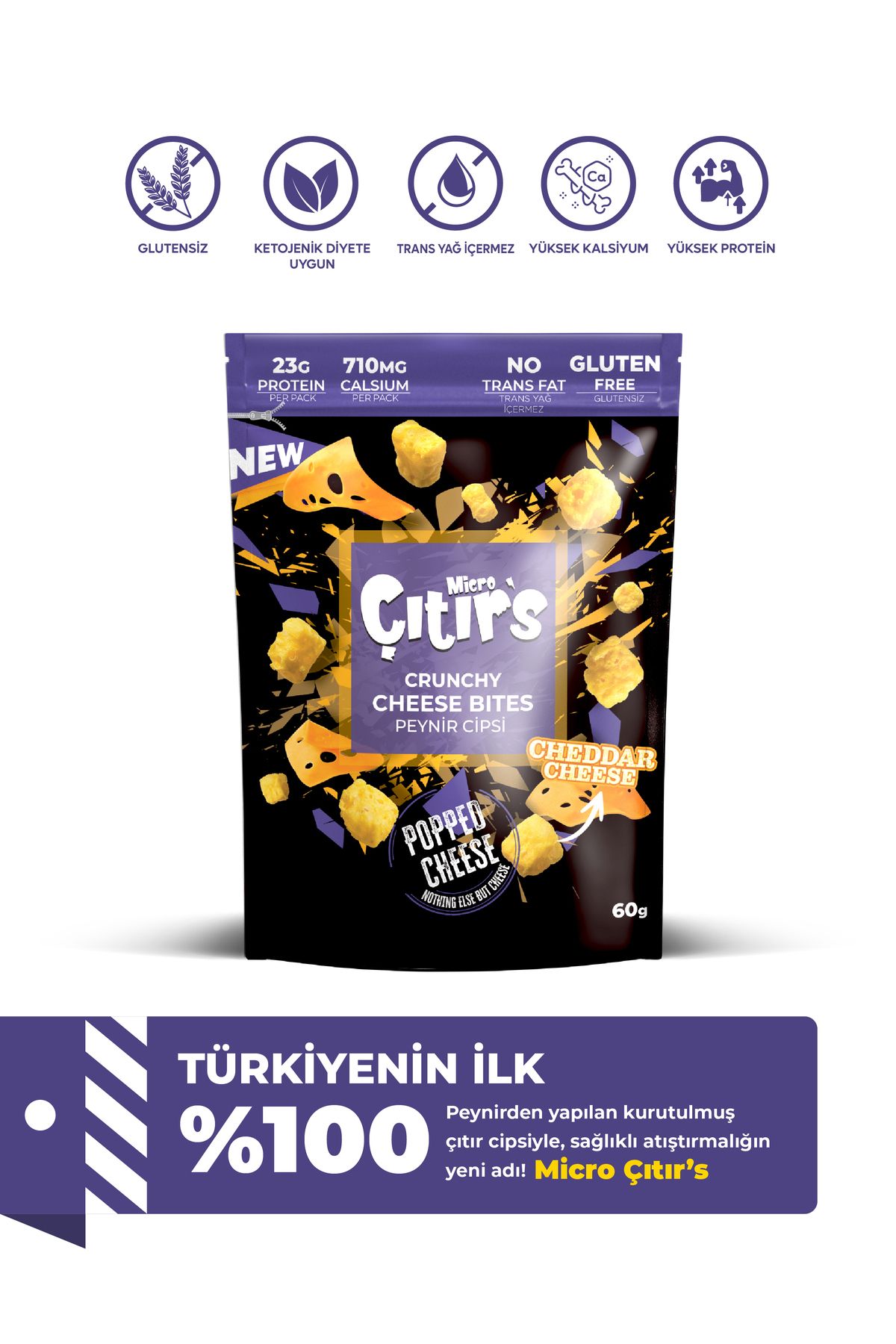 Micro Çıtır's Kurutulmuş Peynir Cipsi %100 Cheddar Peyniri 60 gr