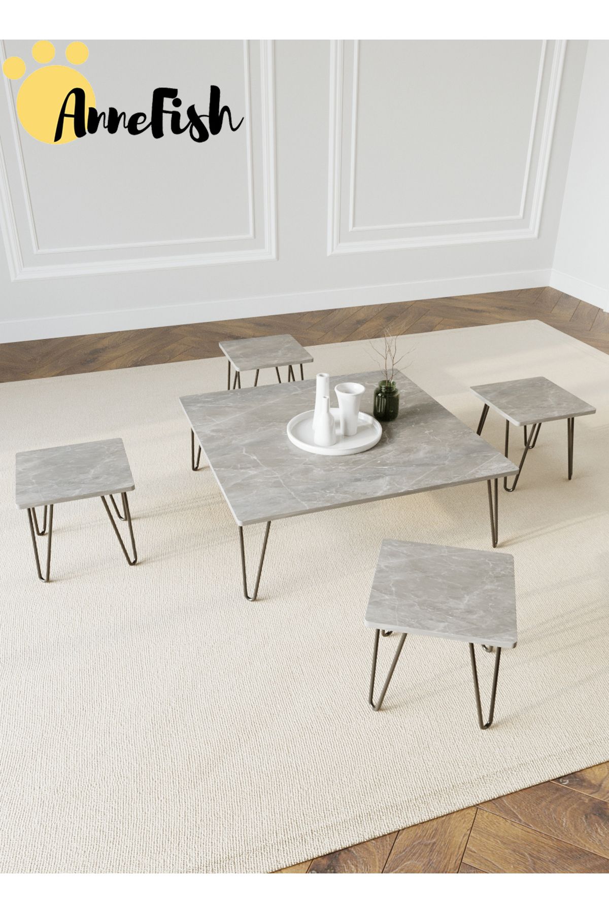 AnneFish-5pcs Floor Coffee Table Set Low Square Home Nesting Friends Gathering Table Set Of 5 Side Table 4