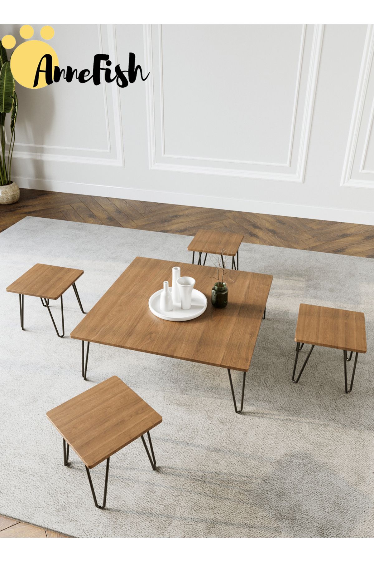 AnneFish-5pcs Floor Coffee Table Set Low Square Home Nesting Friends Gathering Table Set Of 5 Side Table 7
