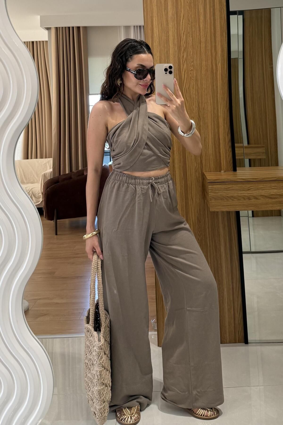 Gizem Ecemiş Ophira Vizon Boyundan Bağlamalı Keten Takım