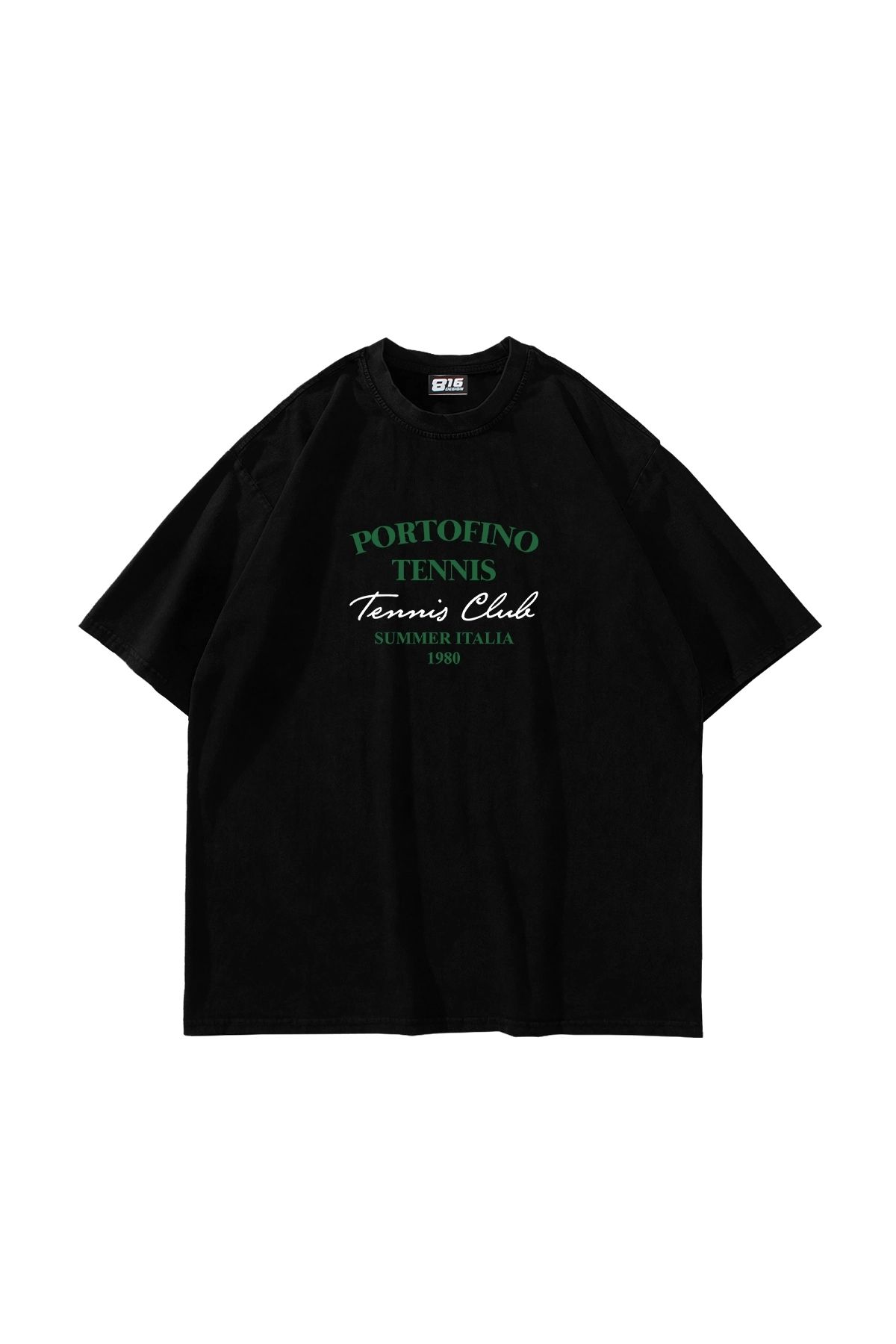 Sekizbiraltı Portofino Tennis Club Baskılı Oversize Unisex Siyah Tshirt