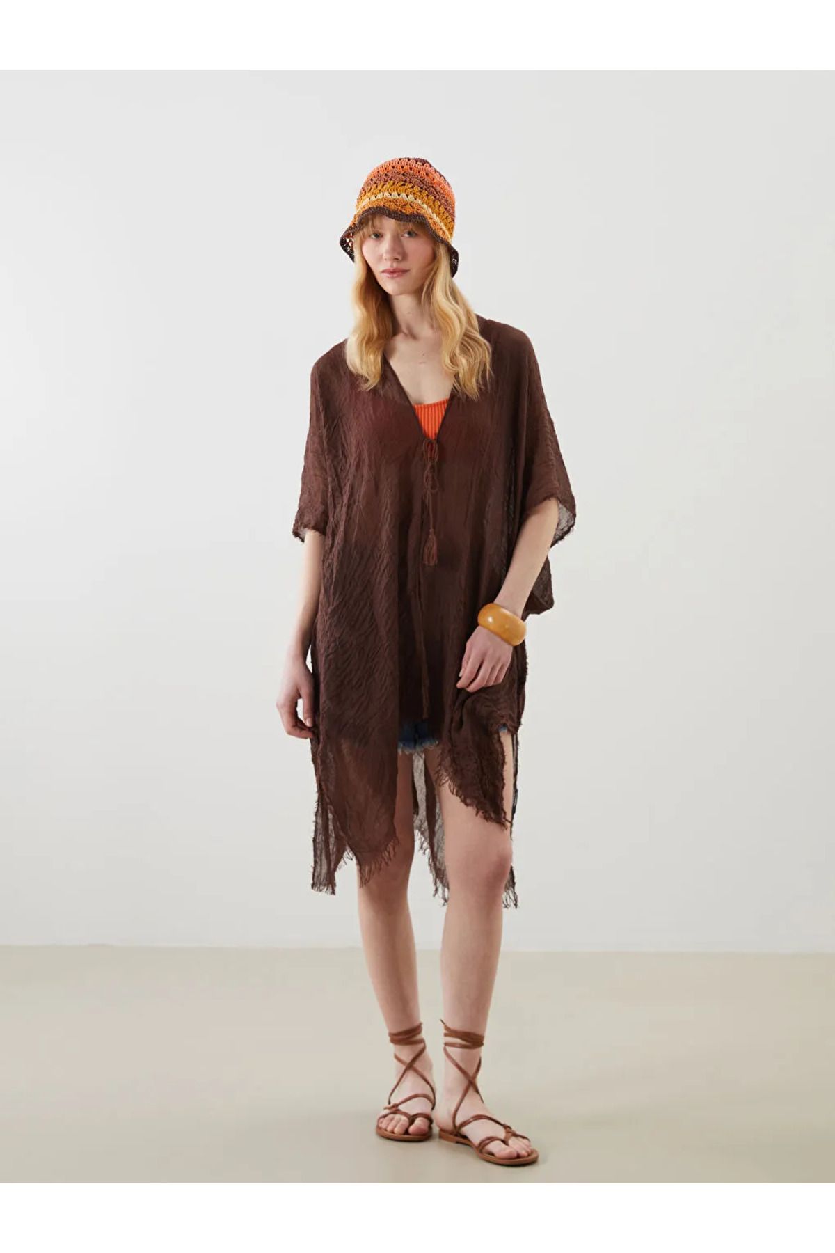 LC Waikiki LCW ACCESSORIES Kahverengi Şal Yaka Kadın Kimono