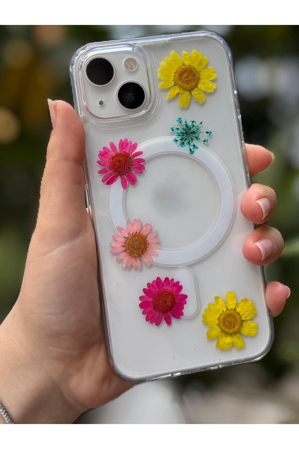 Powerfox İphone 13 Uyumlu Epoksi El Yapımı Gerçek Kurutulmuş Çiçekli Kabartmalı Moda Kılıf