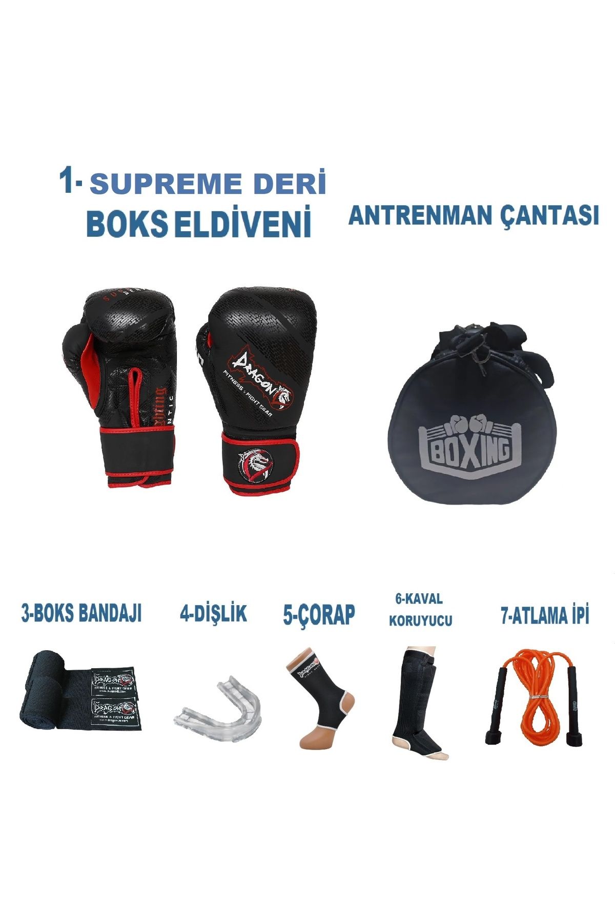 Dragondo Gifttoom, Kıck Boks Sporcu Çantalı antrenman Seti, Dragon Supreme Deri Boks Eldiveni ve Ekipmanı
