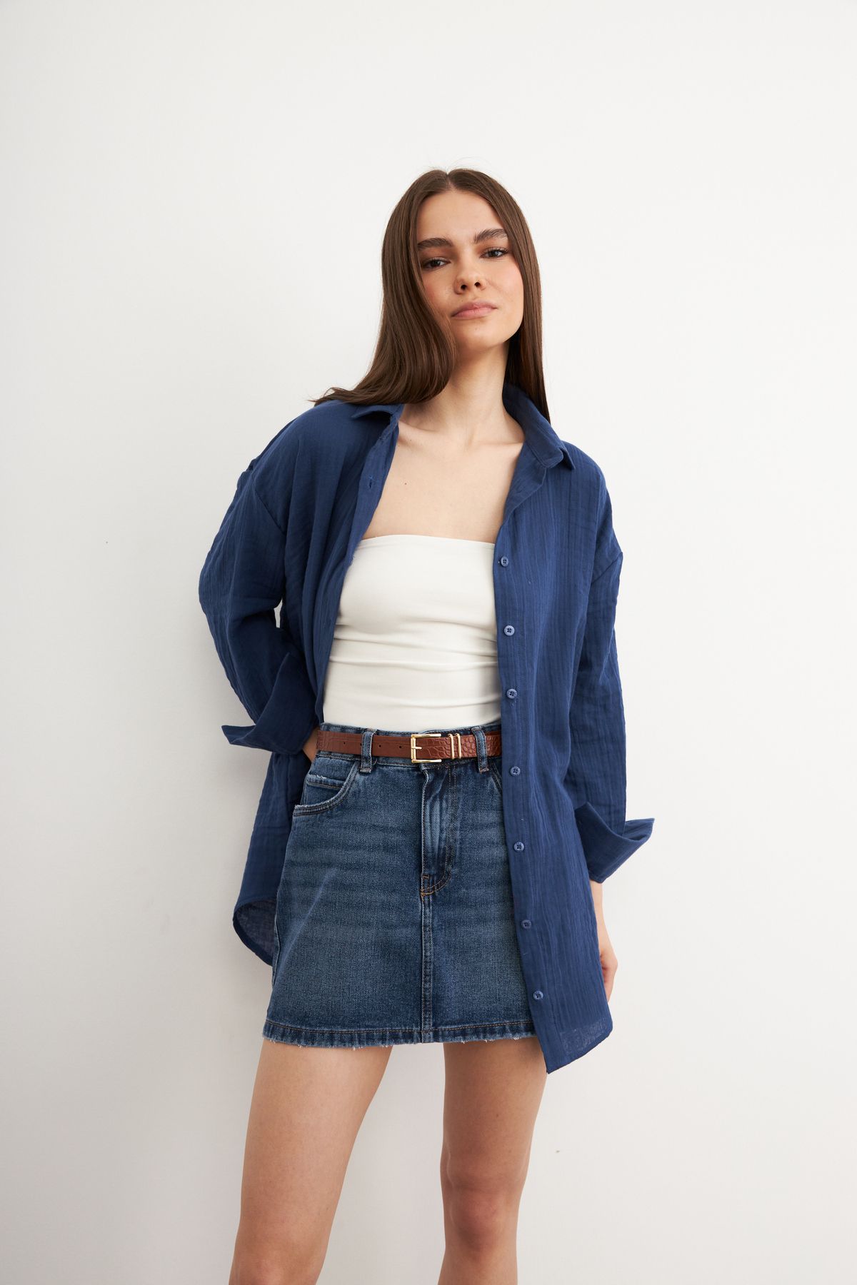 Bipantolon Kadın Lacivert Oversize Basic Müslin Gömlek