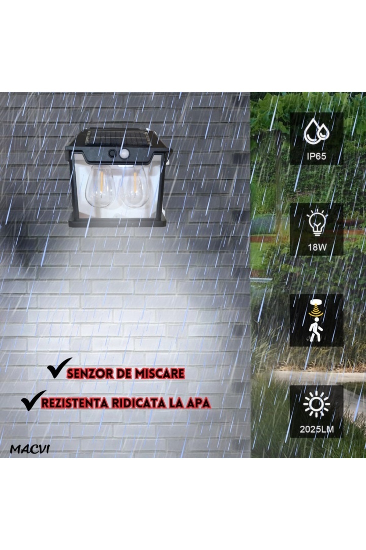 MACVI-Macvi® solar wall lamp with double LED, motion sensor 8m, 3 modes, wireless, IP65 4