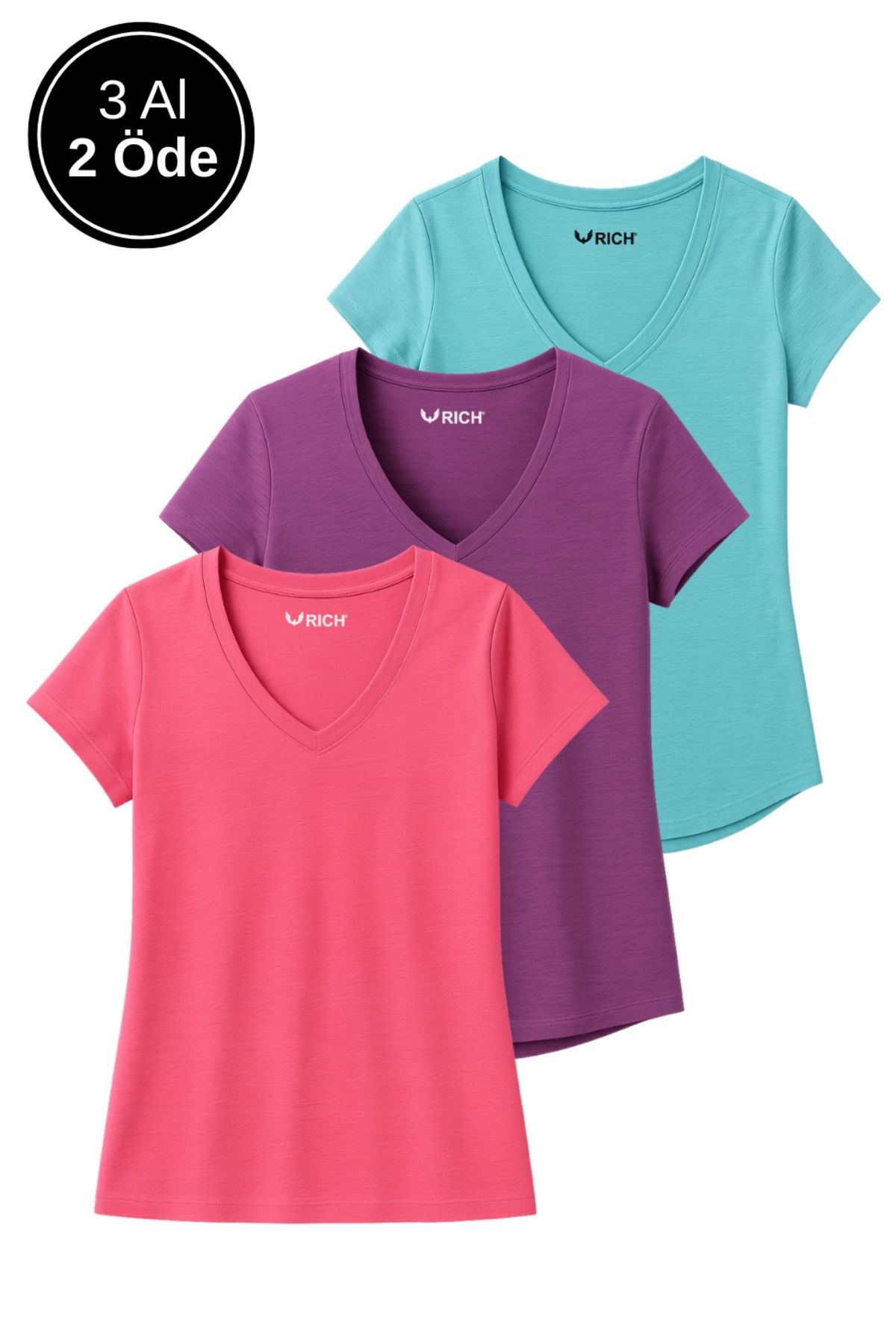 Rich Kadın 3'lü Paket Turkuvaz-Mor-Pembe %100 Organik Pamuk Normal Kesim Tişört V Yaka T-Shirt