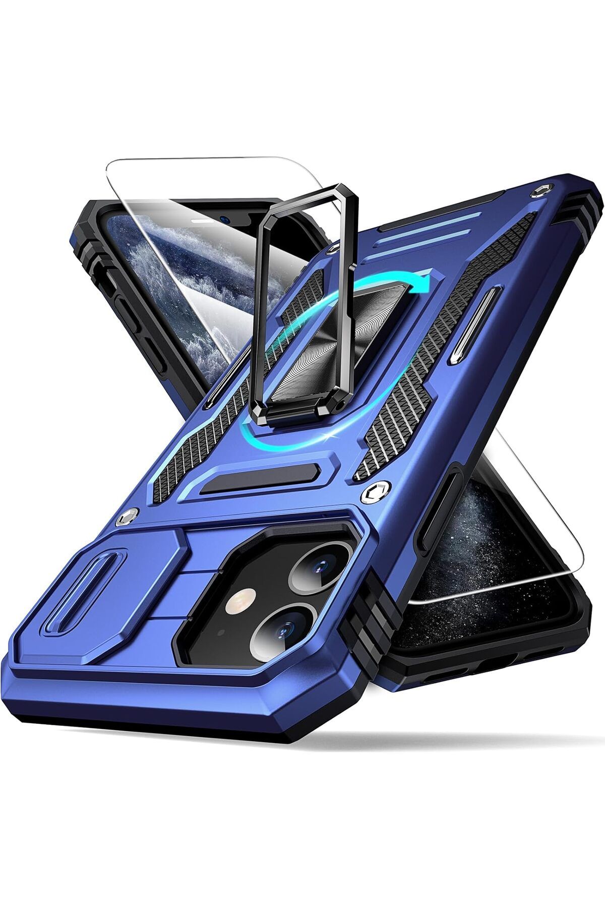 Rivor Apple iPhone 11 Uyumlu Kılıf Kamera Sürgülü Standlı Yüzüklü Darbe Emici Zırh Koruyucu Tank Kapak