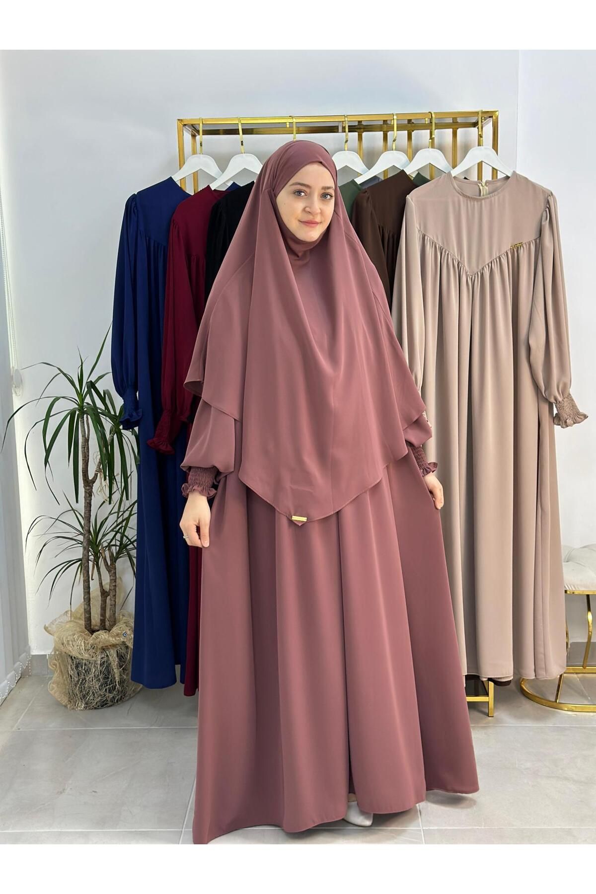 R&S modibone tesettür önü V model büzgülü elbise ,sufle esarp takım ,abaya hijap gül kurusu