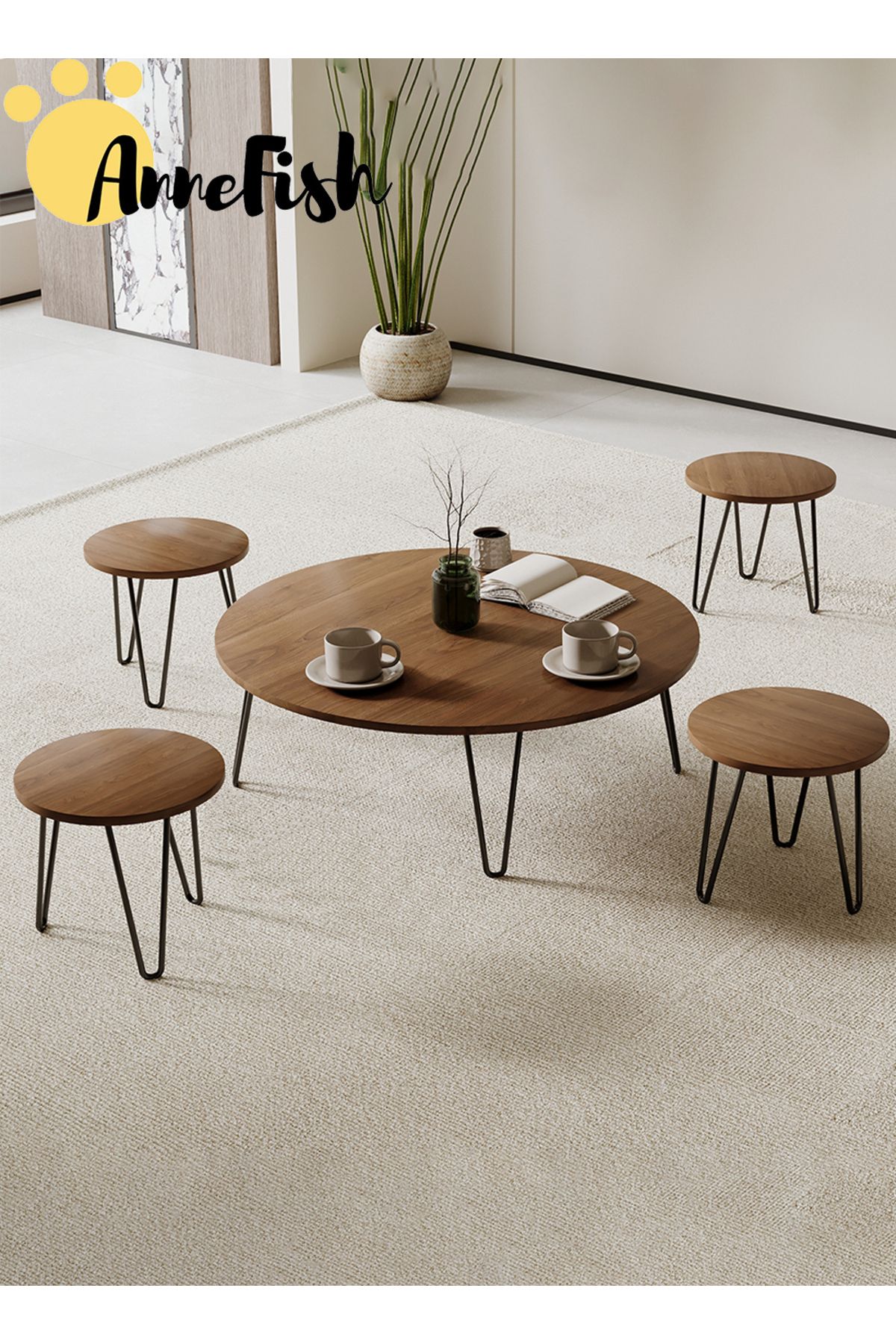 AnneFish-5pcs Floor Coffee Table Set Low Round Home Nesting Friends Gathering Table Set Of 5 Side Table 5