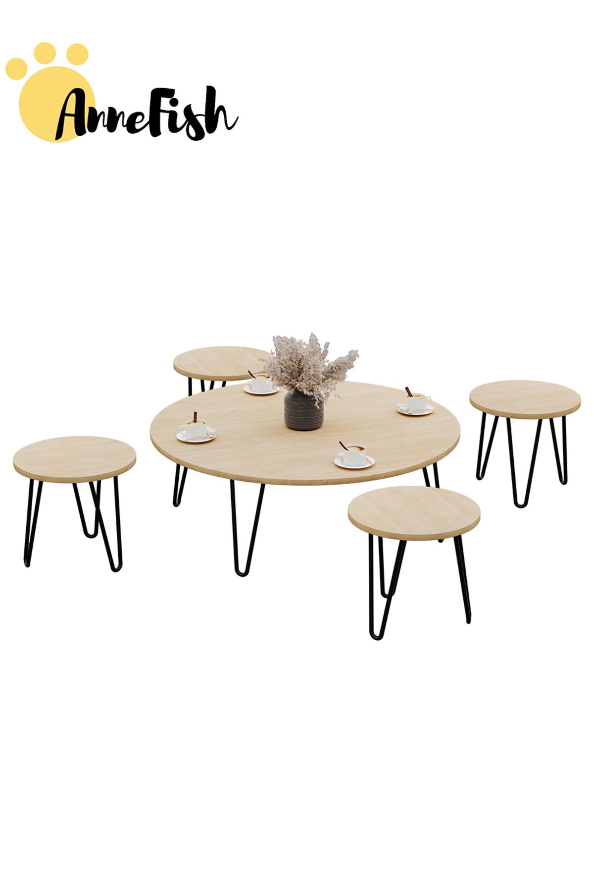 AnneFish-5pcs Floor Coffee Table Set Low Round Home Nesting Friends Gathering Table Set Of 5 Side Table 5