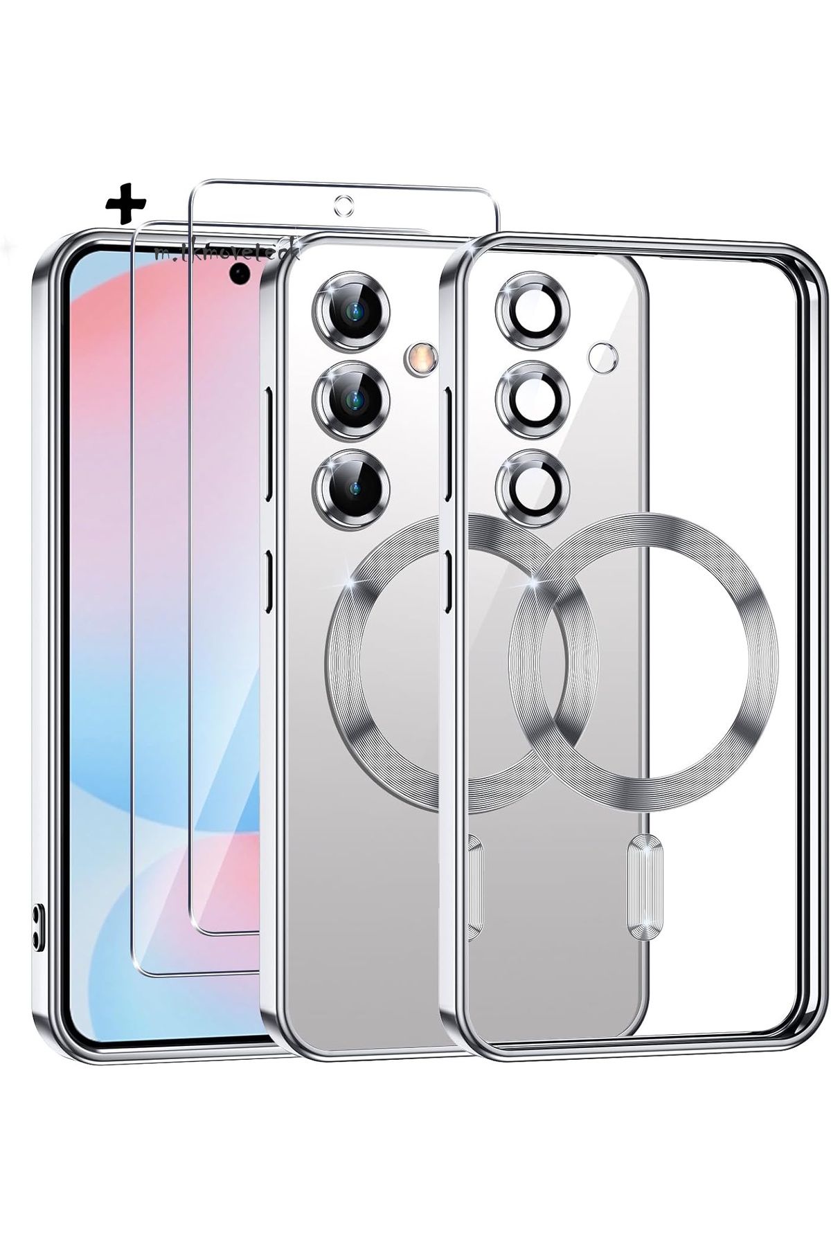 m.tk moveteck Samsung Galaxy A16 Kılıf Magsafe Renkli Kenarlı Arkası Şeffaf Silikon + 9H Ekran Koruyucu Cam Set