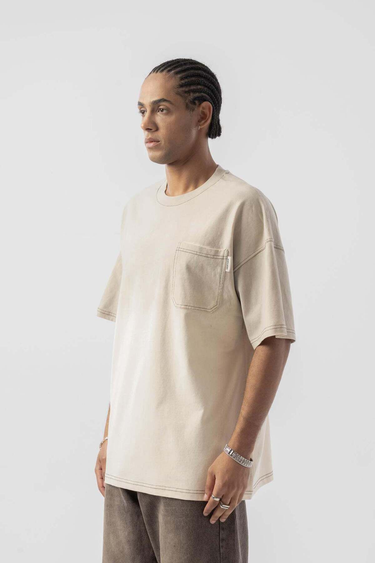 jaceyjace Cepli Basic Sprey Oversize T-shirt - Kemik