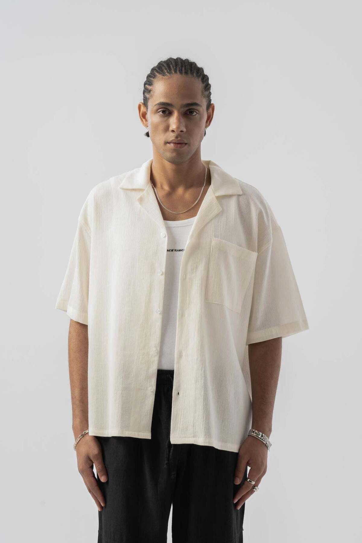 jaceyjace Sırt Nakışlı Oversize Gömlek - Taş