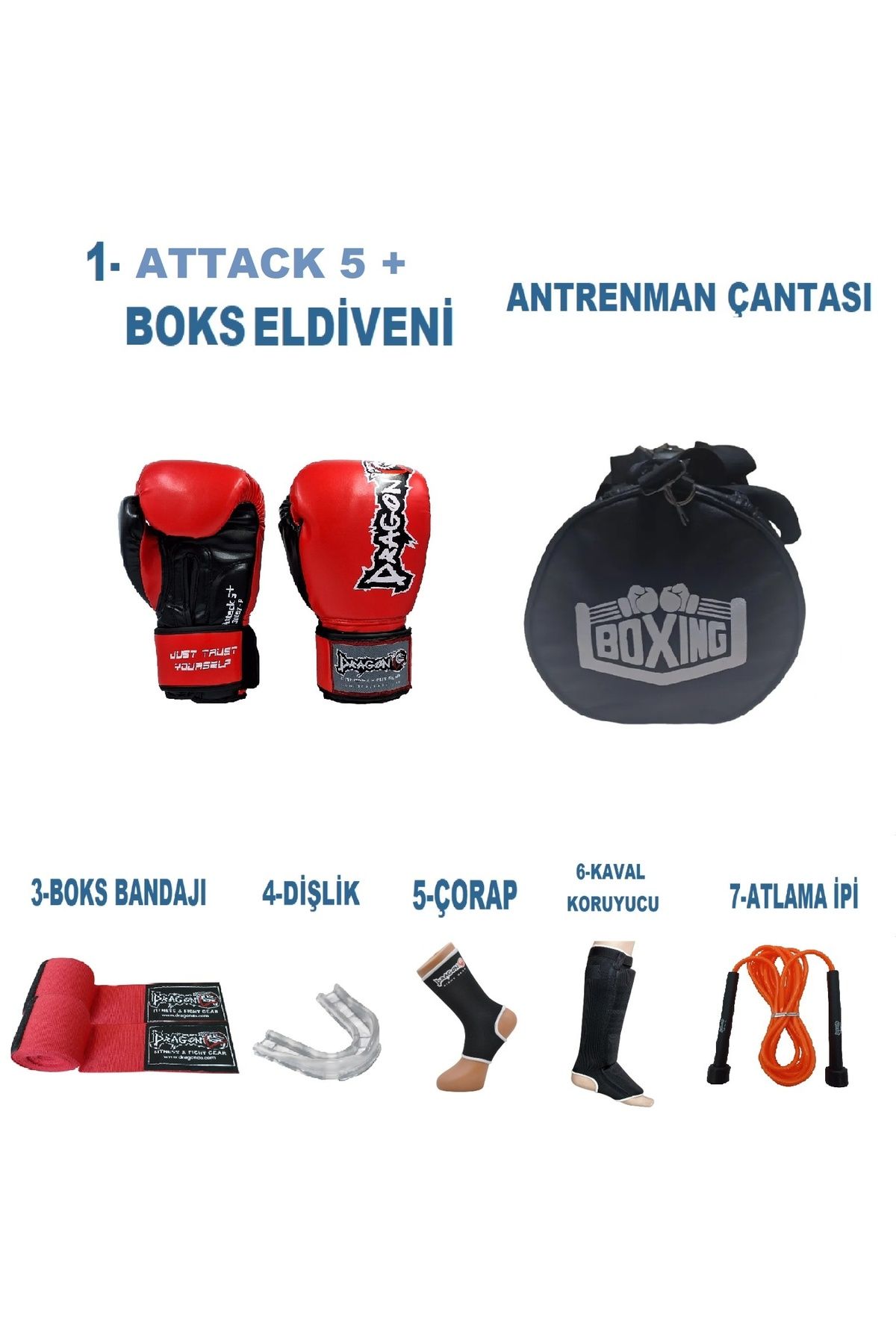 Dragondo Gifttoom, Kıck Boks Sporcu Çantalı antrenman Seti, Dragon Attack 5+ Boks Eldiveni tamset çantalı