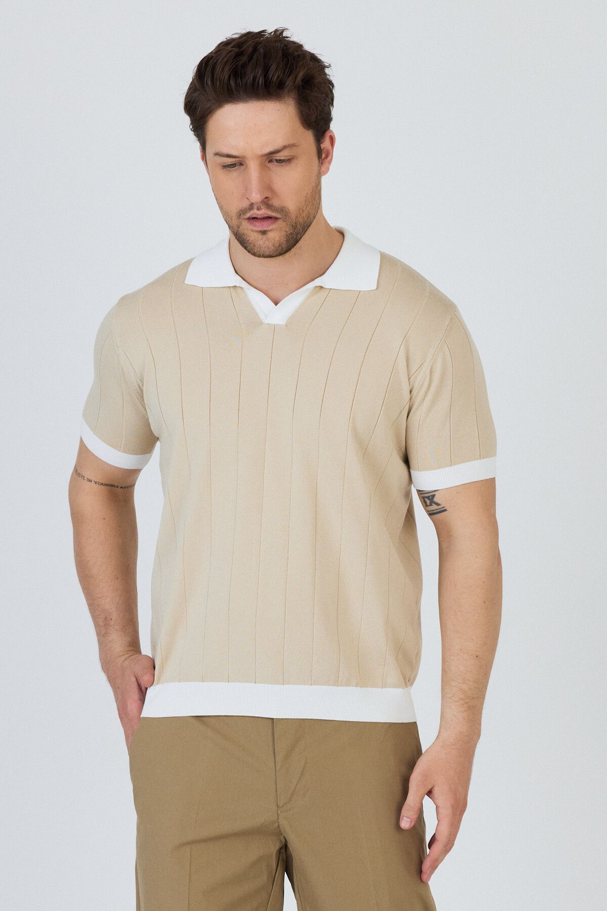 Frappoli GARCİA Erkek Taş-Beyaz Pamuk Karışımlı Apaç Yaka Slim Fit Polo Yaka Triko T-Shirt