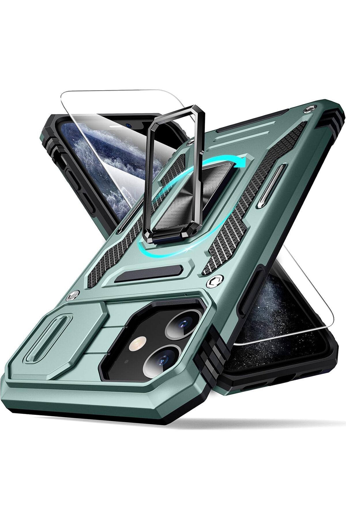 Rivor Apple iPhone 11 Uyumlu Kılıf Kamera Sürgülü Standlı Yüzüklü Darbe Emici Zırh Koruyucu Tank Kapak