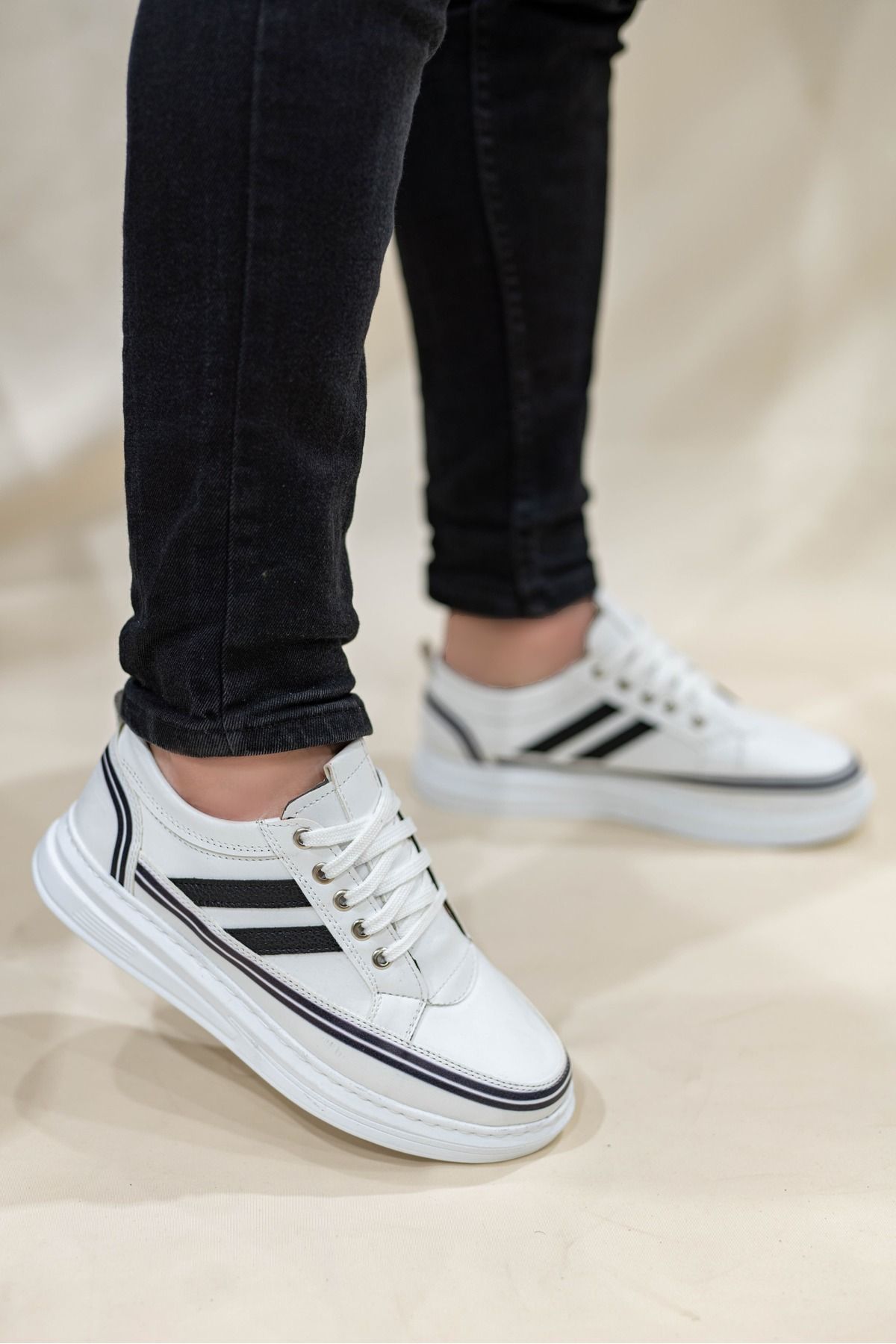 Weynes Erkek Beyaz Çizgili Bağcıklı Günlük Casual Ayakkabı Sneaker WSB4048