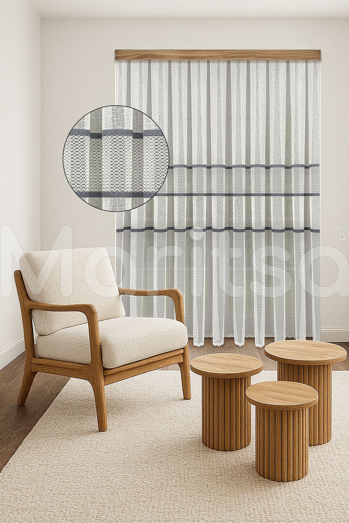MARİTSA Tül Perde - Örme Serisi Modern Klasik Gri Dantel Detaylı File Desen Ekru Sık Pile(1x3) Curtain