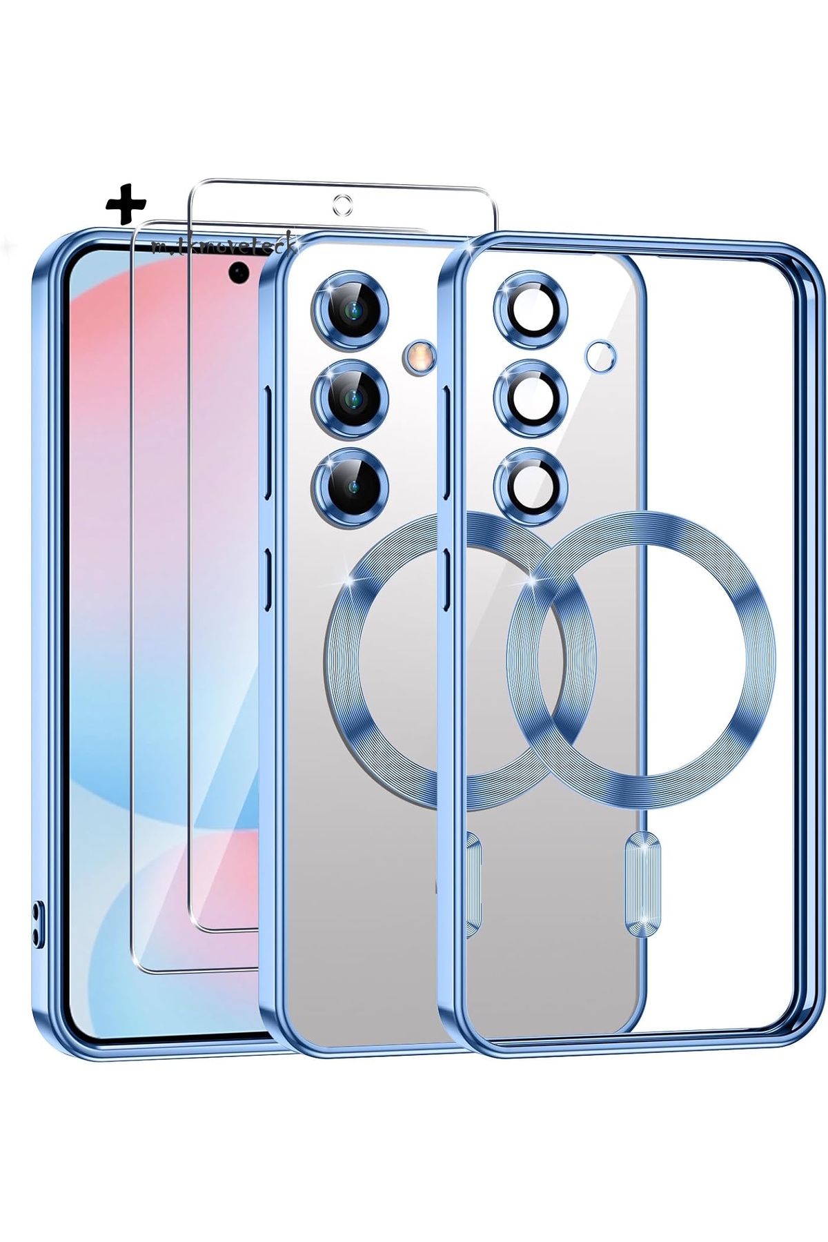 m.tk moveteck Samsung Galaxy A56 Kılıf Magsafe Renkli Kenarlı Arkası Şeffaf Silikon + 9h Ekran Koruyucu Cam Set