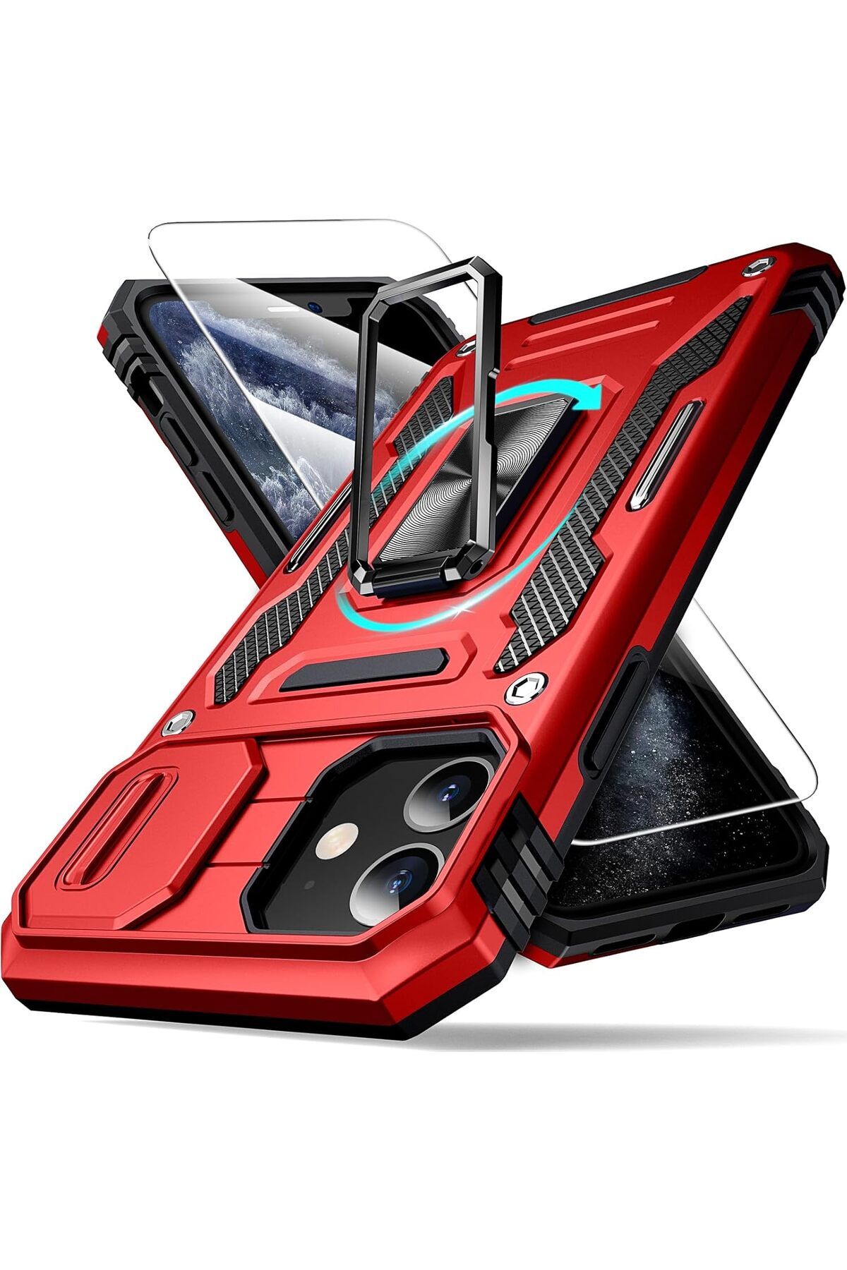 Rivor Apple iPhone 11 Uyumlu Kılıf Kamera Sürgülü Standlı Yüzüklü Darbe Emici Zırh Koruyucu Tank Kapak