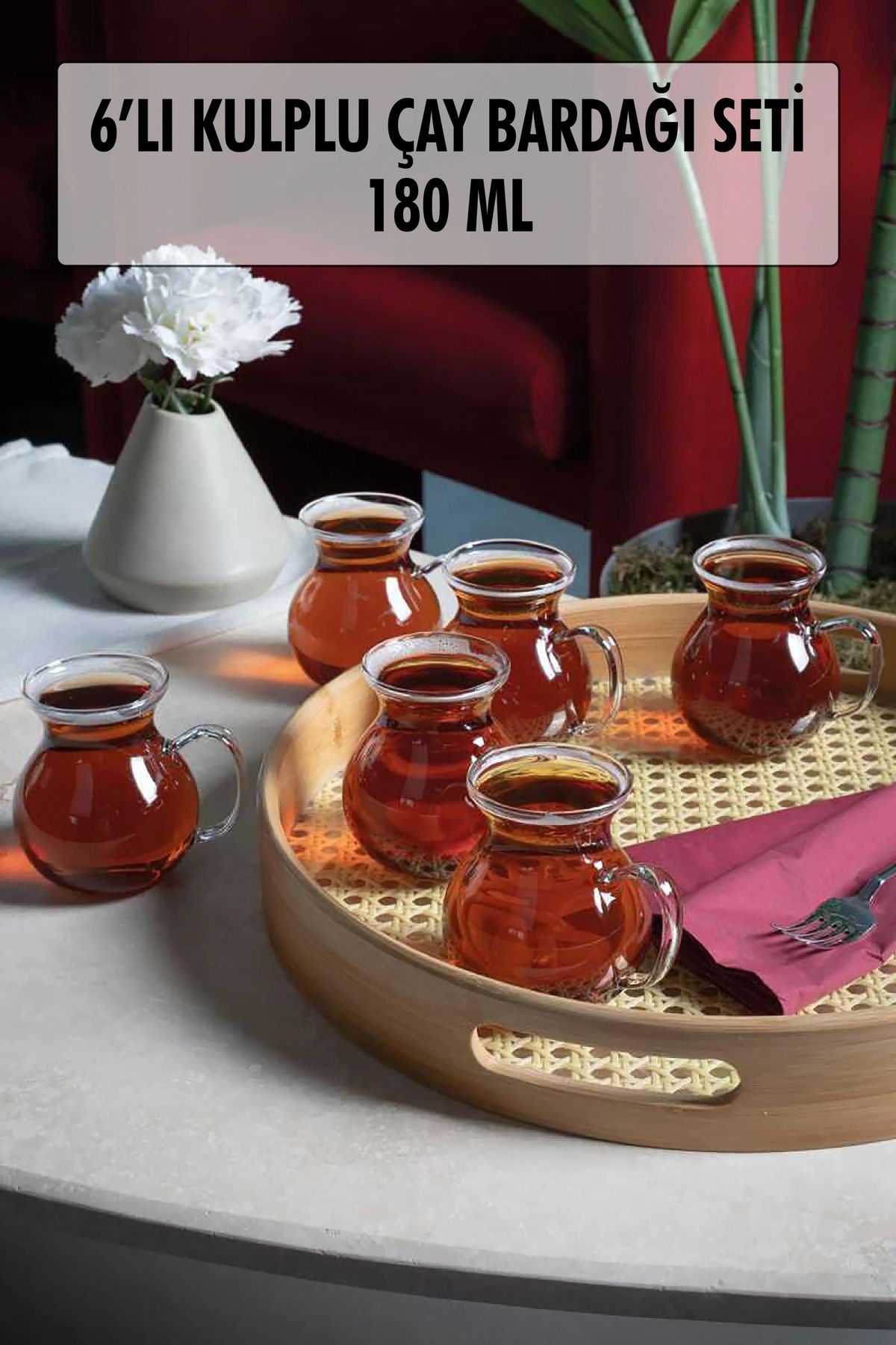 ShopNova 6'lı Keyfi Ala Borosilikat Cam Kulplu Çay Bardağı