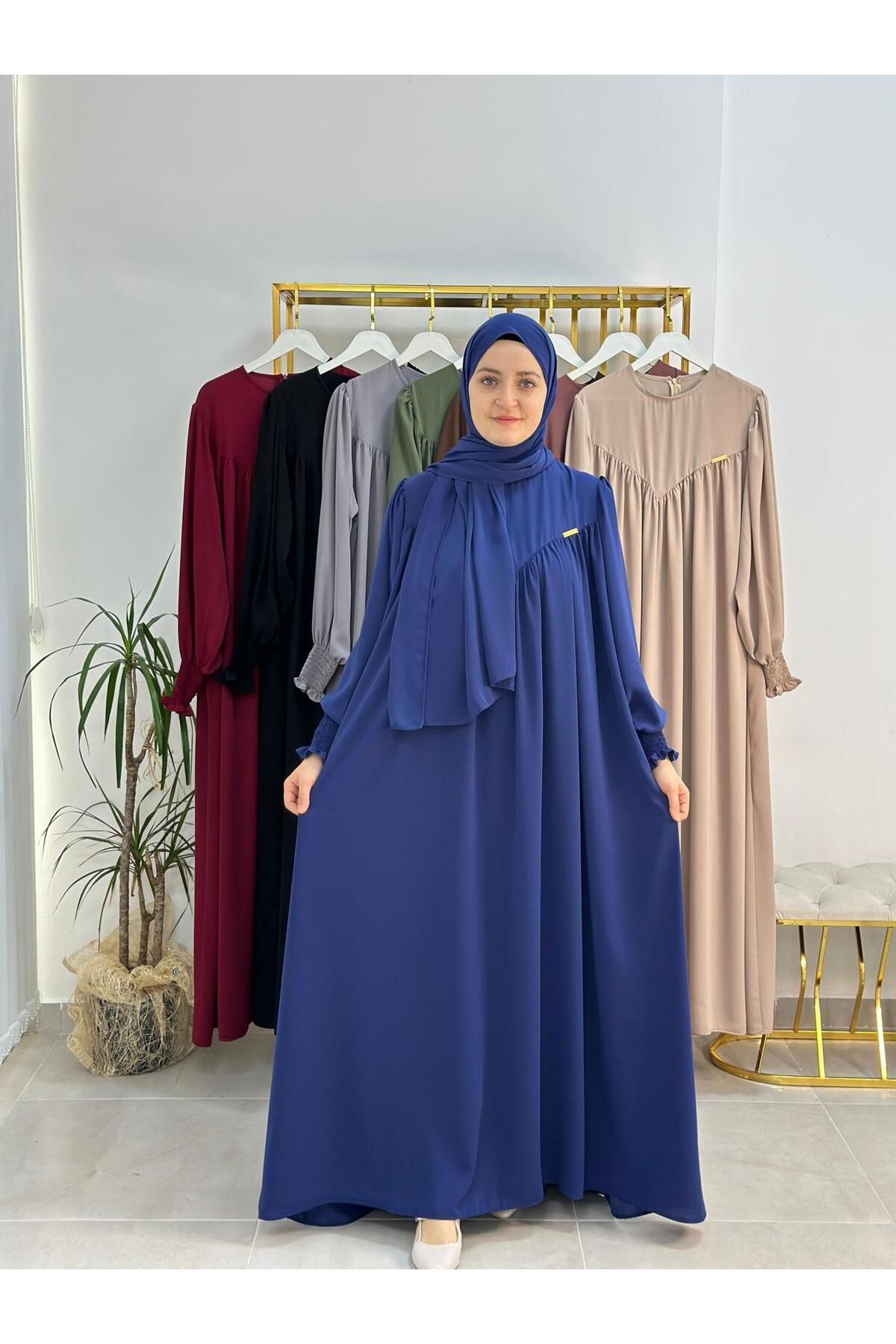 R&S modibone şallı takım,tesettür önü V model büzgülü elbise ,abaya hijab,ferrac hac ve umre ıcınde uygun indigo