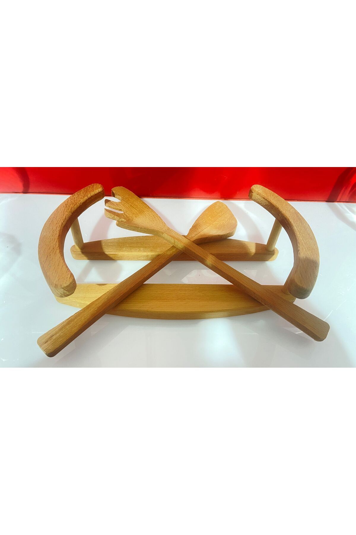 Paşabahçe-Set of Wooden Serving Handles and Set + Salad Serving Bowl of Freesia Presentation Bowl 4 Pç. 5