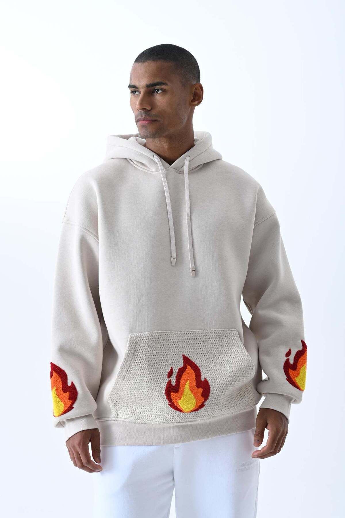 jaceyjace Alev Nakışlı Kapüşonlu Oversize Sweatshirt - Kemik