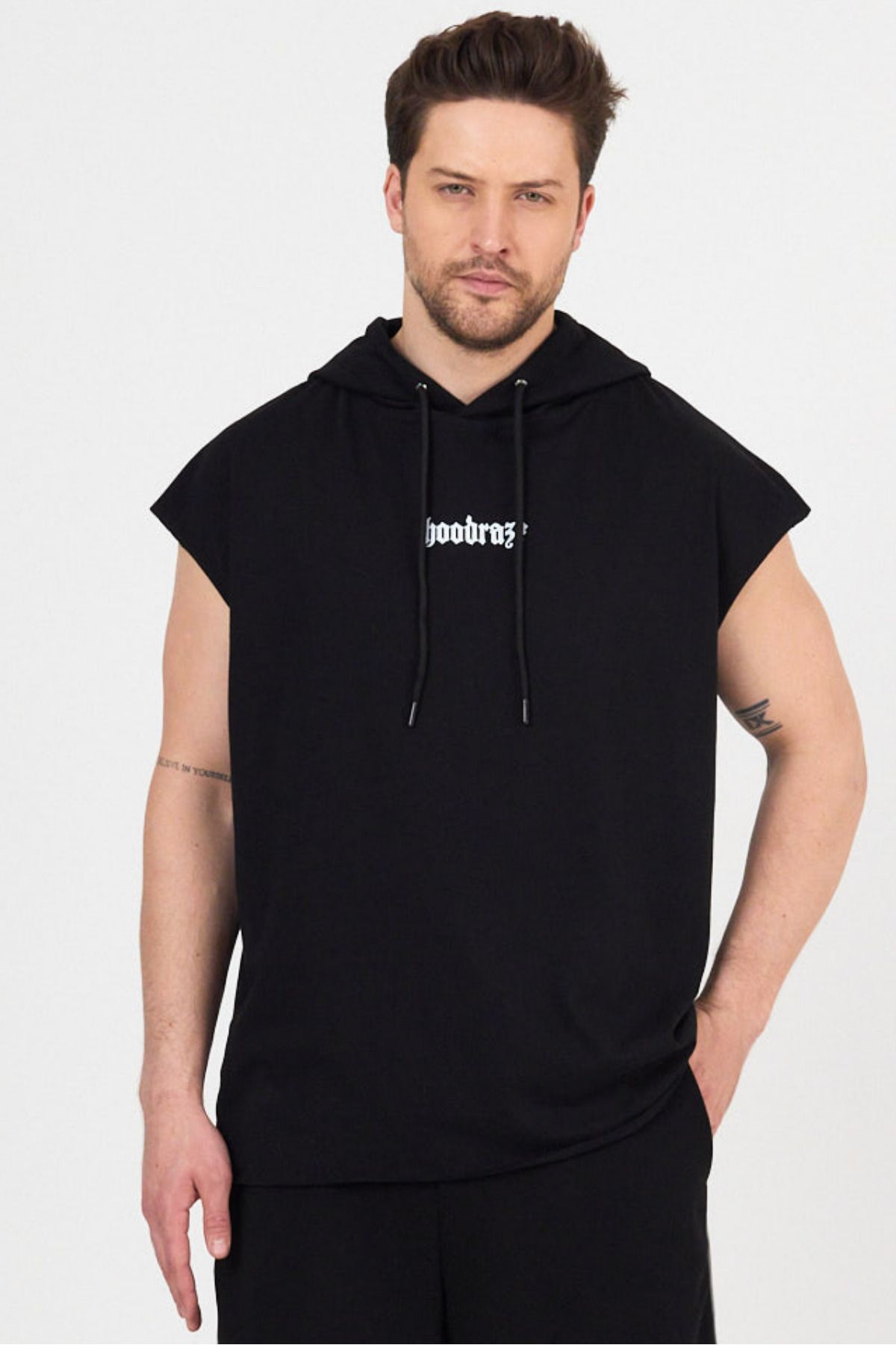 Hoodraze Erkek Sıfır Kol Kapüşonlu T-shirt