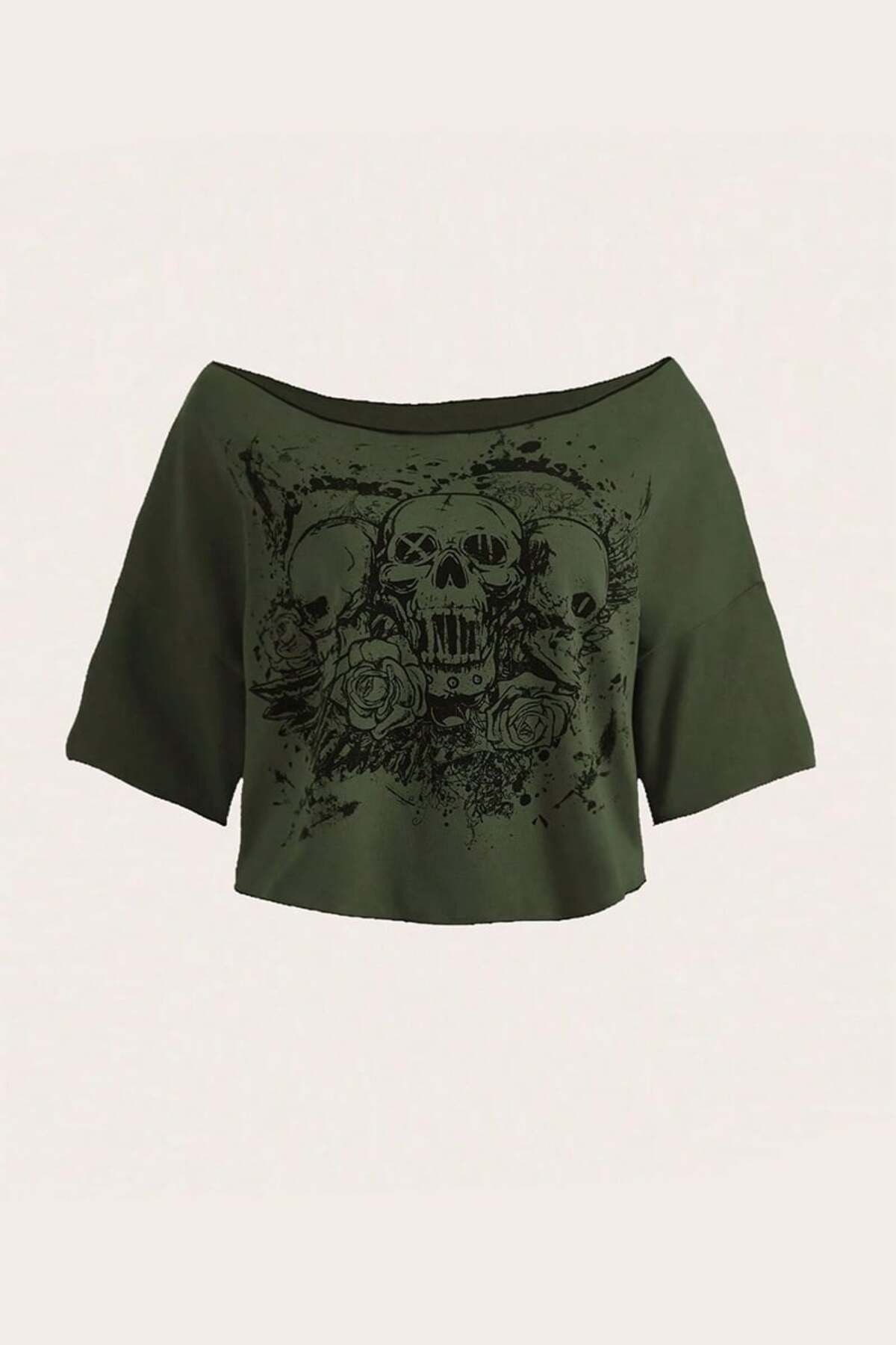 BALİNA Yeşil Gothic Skulls Omuzu Açık Kısa Kollu Crop -BLN