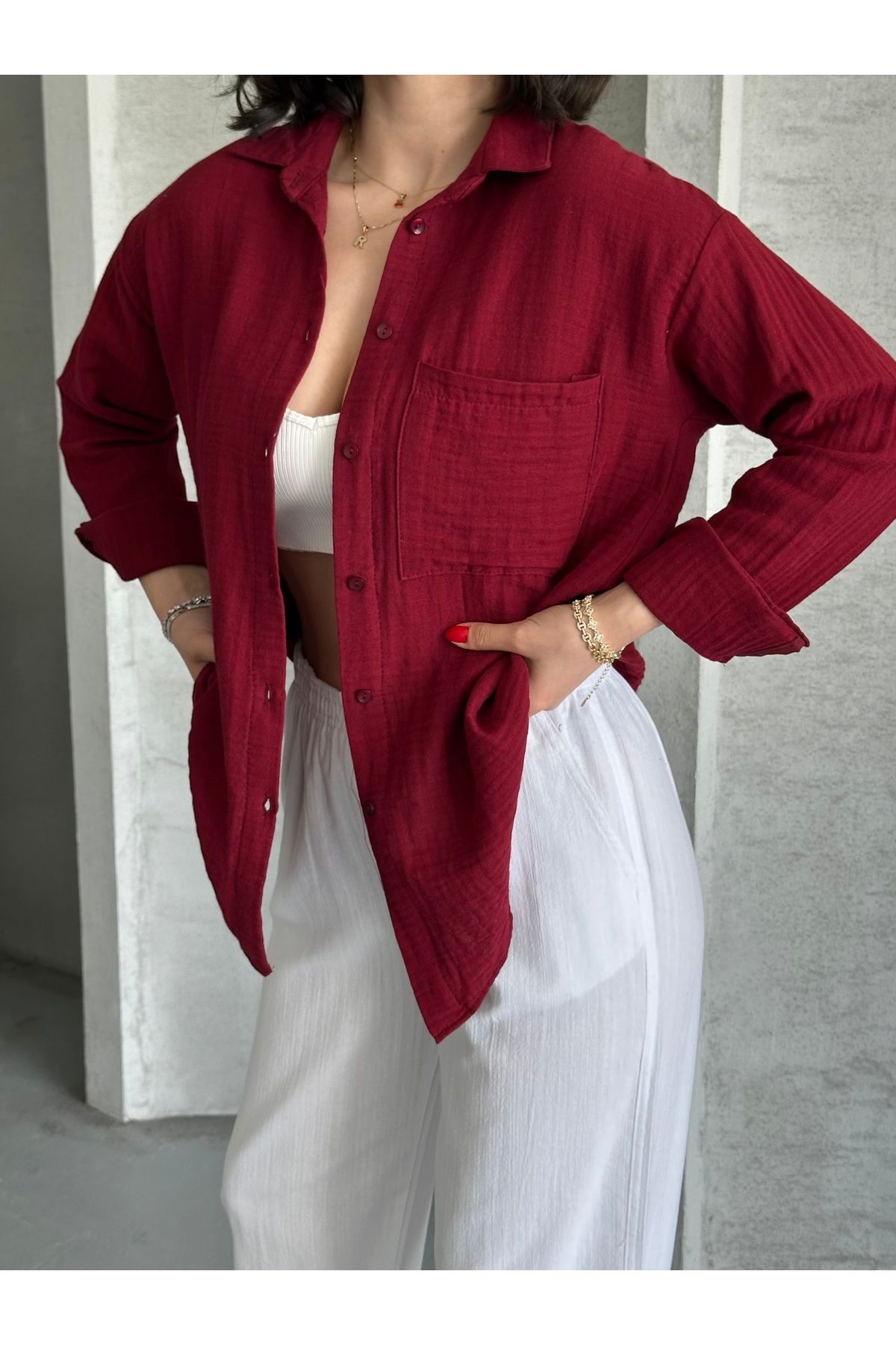 Moda Palmiss Kadın Bordo Müslin Kumaş Oversize Gömlek