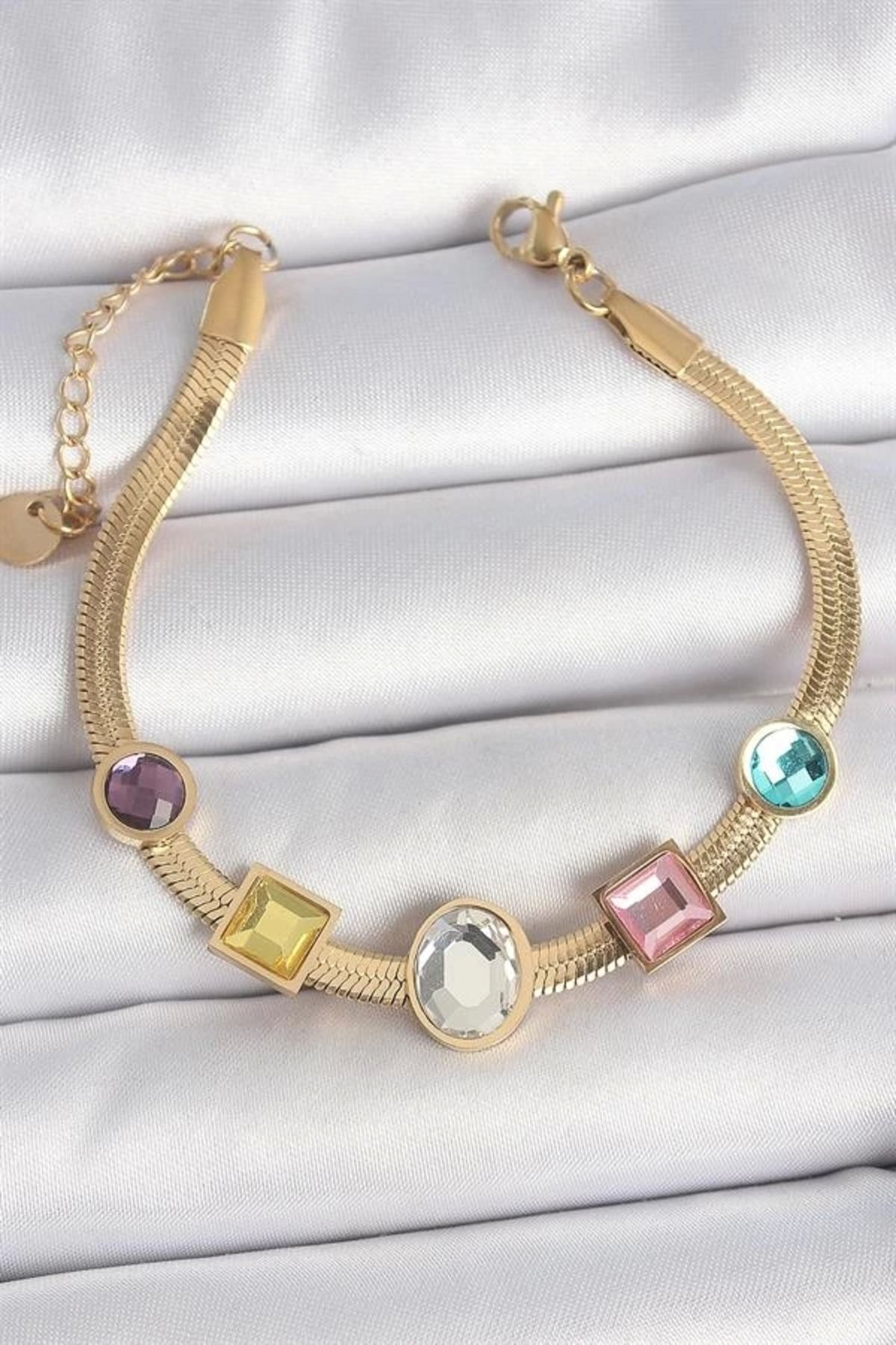 FASHIONLINE 316L Çelik Gold Renk İtalyan Zincir Renkli Zirkon Taşlı Kadın Bileklik