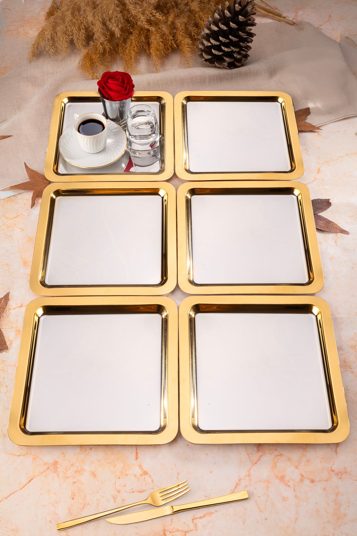 Aslı Hediyelik 6'lı Lüx Kare Gold Kenar kaplamalı Gümüş kare 21 cm Servis , Çay ,kahve ,ikramlık Ve Sunum Tepsisi