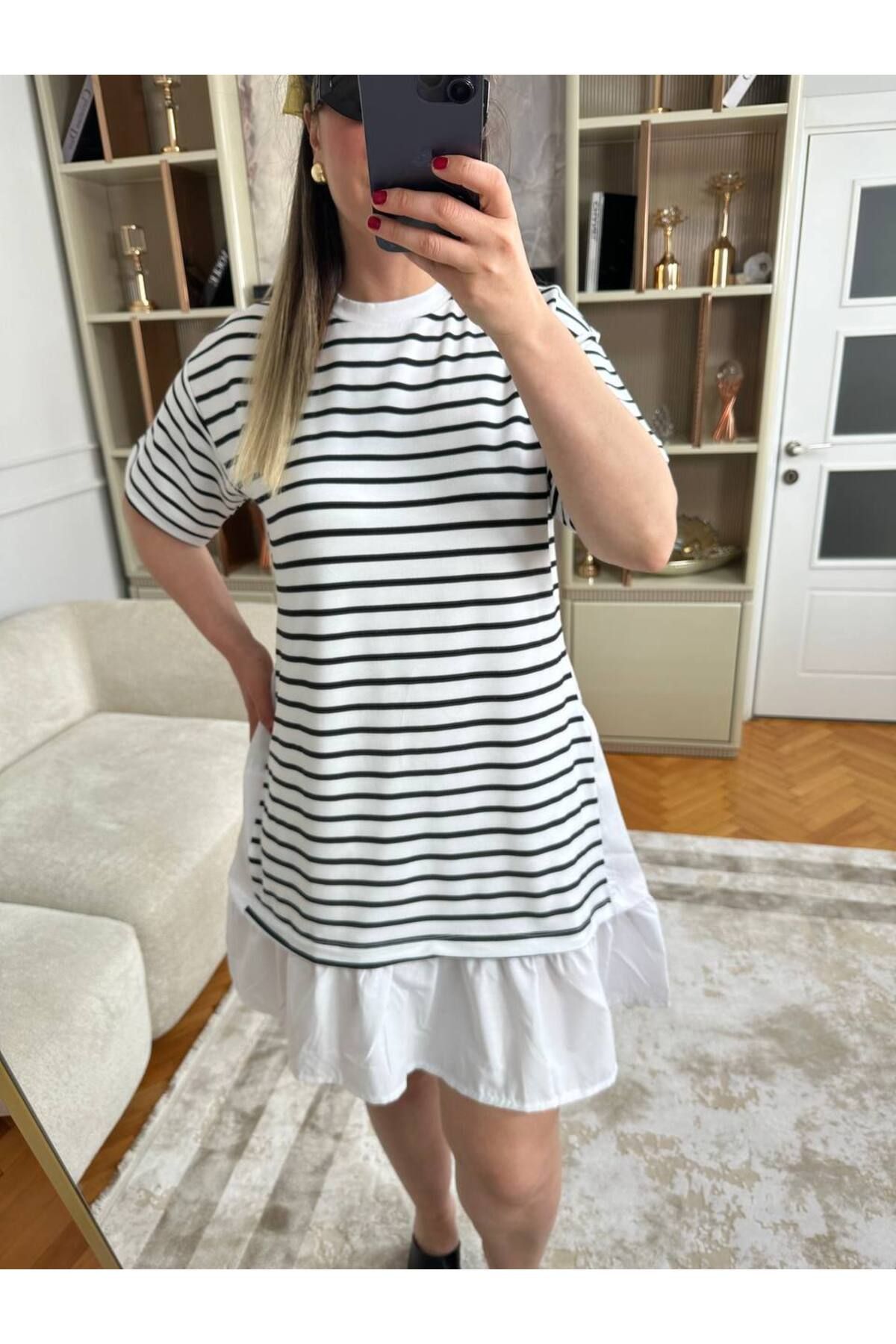 BRGCLOTHING B.Y.M.N Marka Muadil Çizgili Penye Etek Poplin Elbise