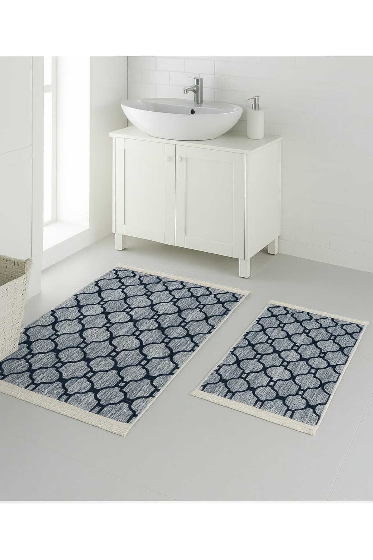 ROPEWORLD Dijital baskılı kaymaz taban ikili banyo paspası saçaklı 60x100 60x50