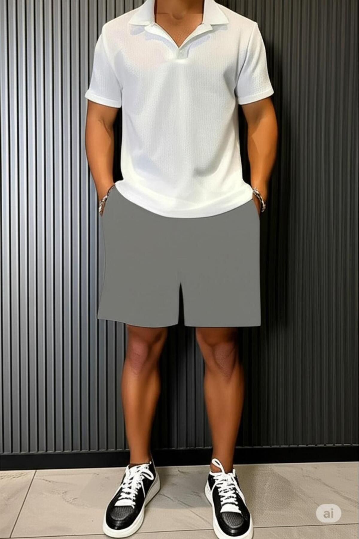 NO 601 Erkek Beyaz Bürümcük Apaj Yakalı Tshirt Gri Şort Takım