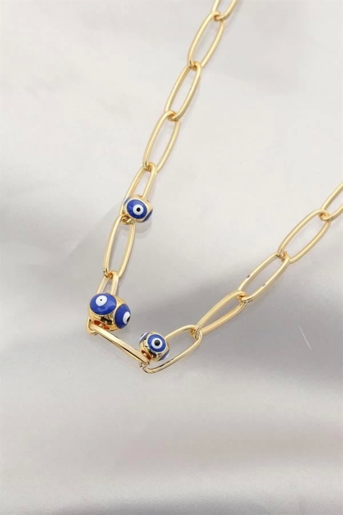 FASHIONLINE Çoklu Nazar Boncuk Tasarımlı Gold Zincir Kolye