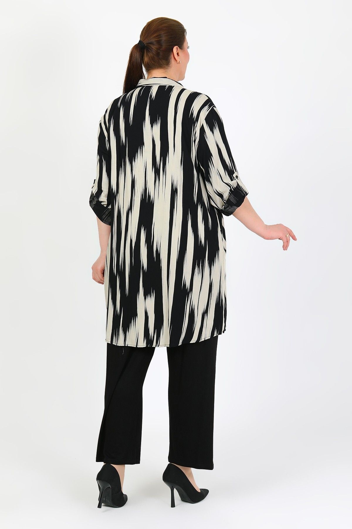By Alba Collection-Women's Black and White Patterned Cotton Viscose Large Size Tunic 4