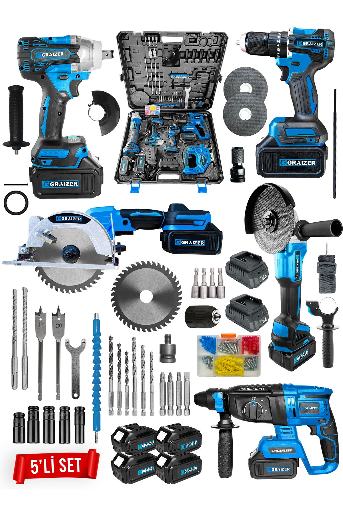 Graizer Powerforge Profesyonel Kömürsüz 4 Bataryalı Çelik Şanzıman 5'li Set Sunta Kesmeli-Mavi