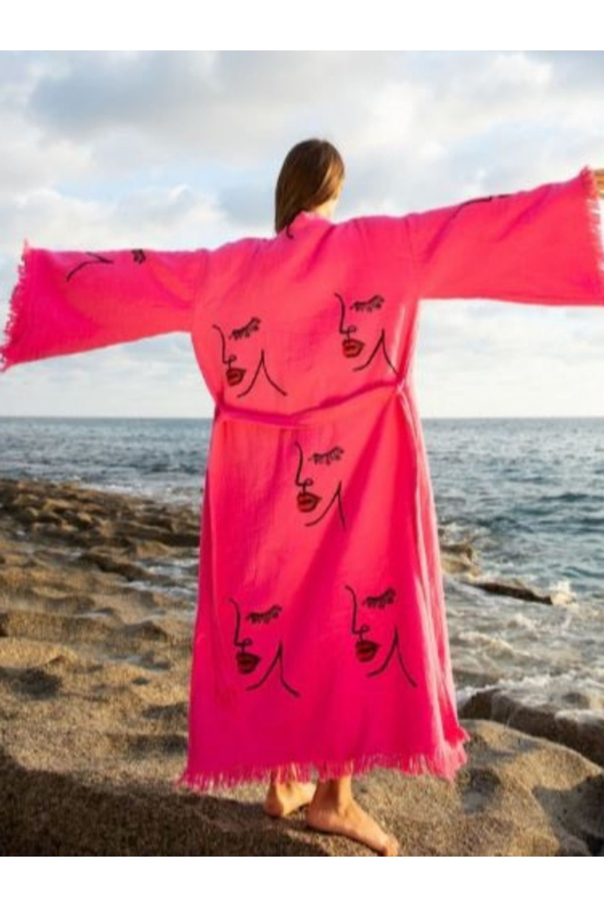 Nily Home Bornoz ,Plaj Elbisesi, Kimono , Kaftan ,Sabahlık Altın Kadın Silüeti Desenli