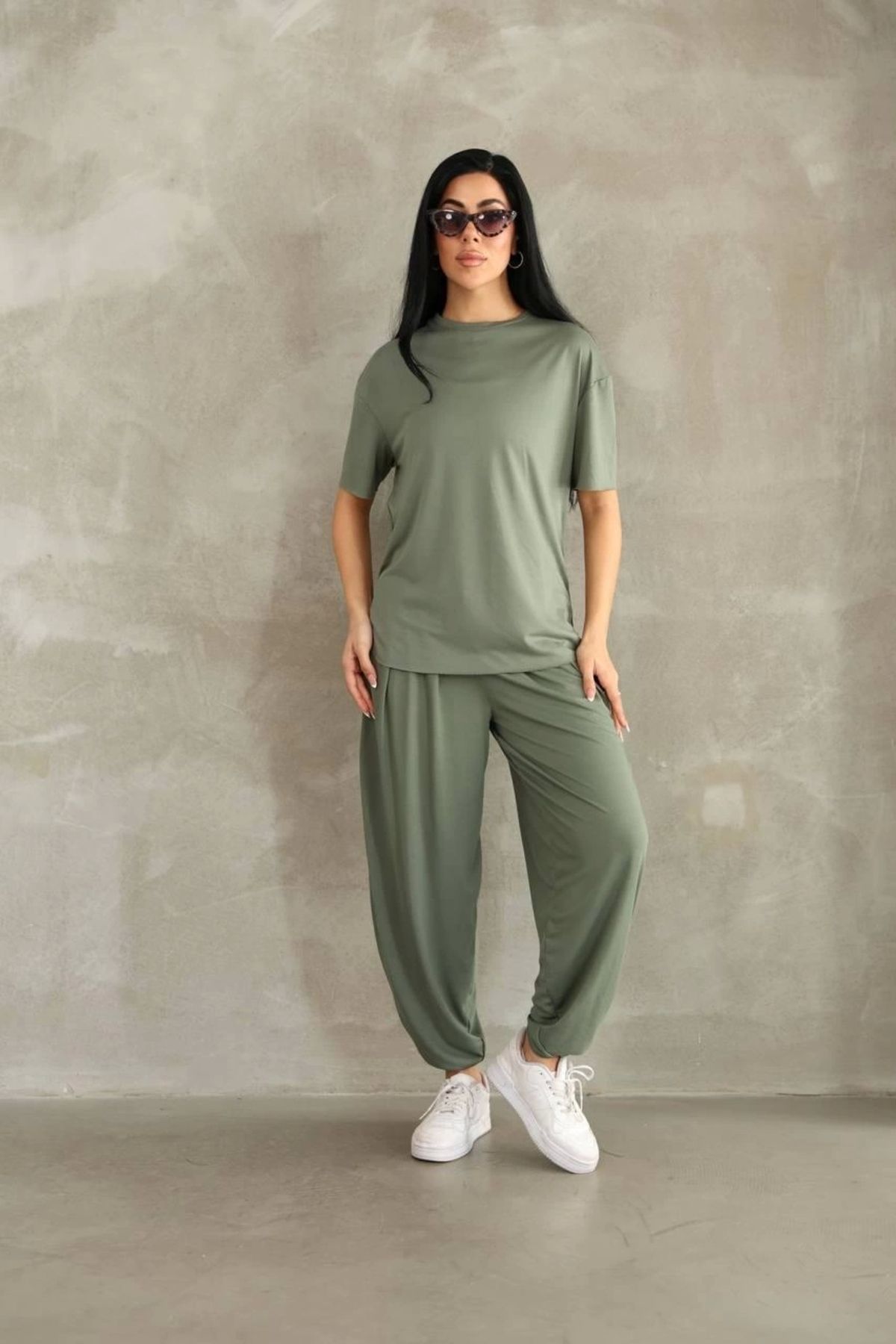 Tam12den Home Oversize Bisiklet Yaka T-shirt Jogger Eşofman Altı Eşofman Takımı - Haki