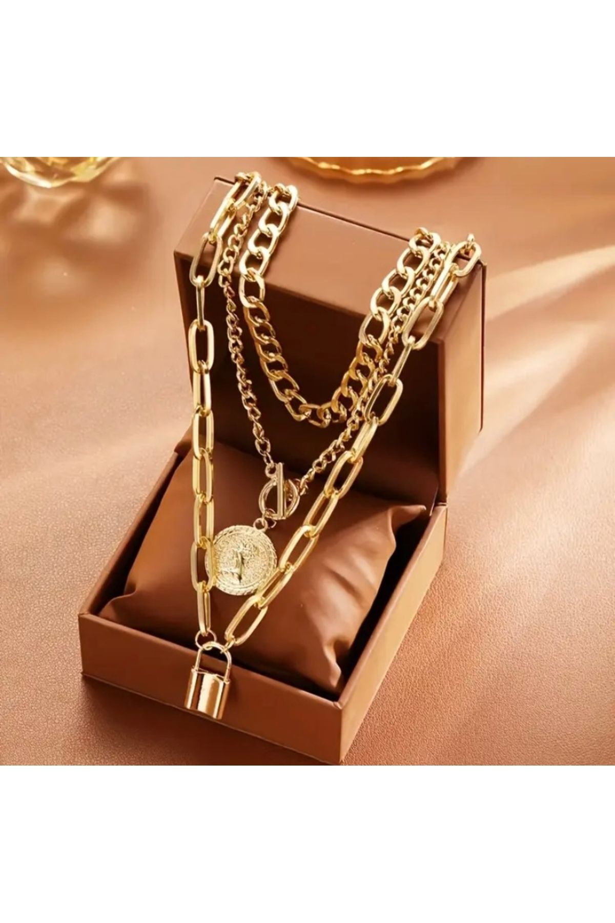 Accessories Vanilla Avenue 3 Parça Bohem Tarz Lüks Bükümlü Zincir Para Kilidi Günlük Kadın Kolye Seti