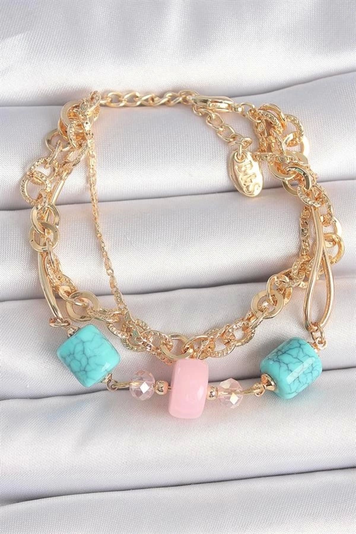 FASHIONLINE Pirinç Gold Renk Çoklu Zincir Model Mavi Taş Figürlü Kadın Bileklik