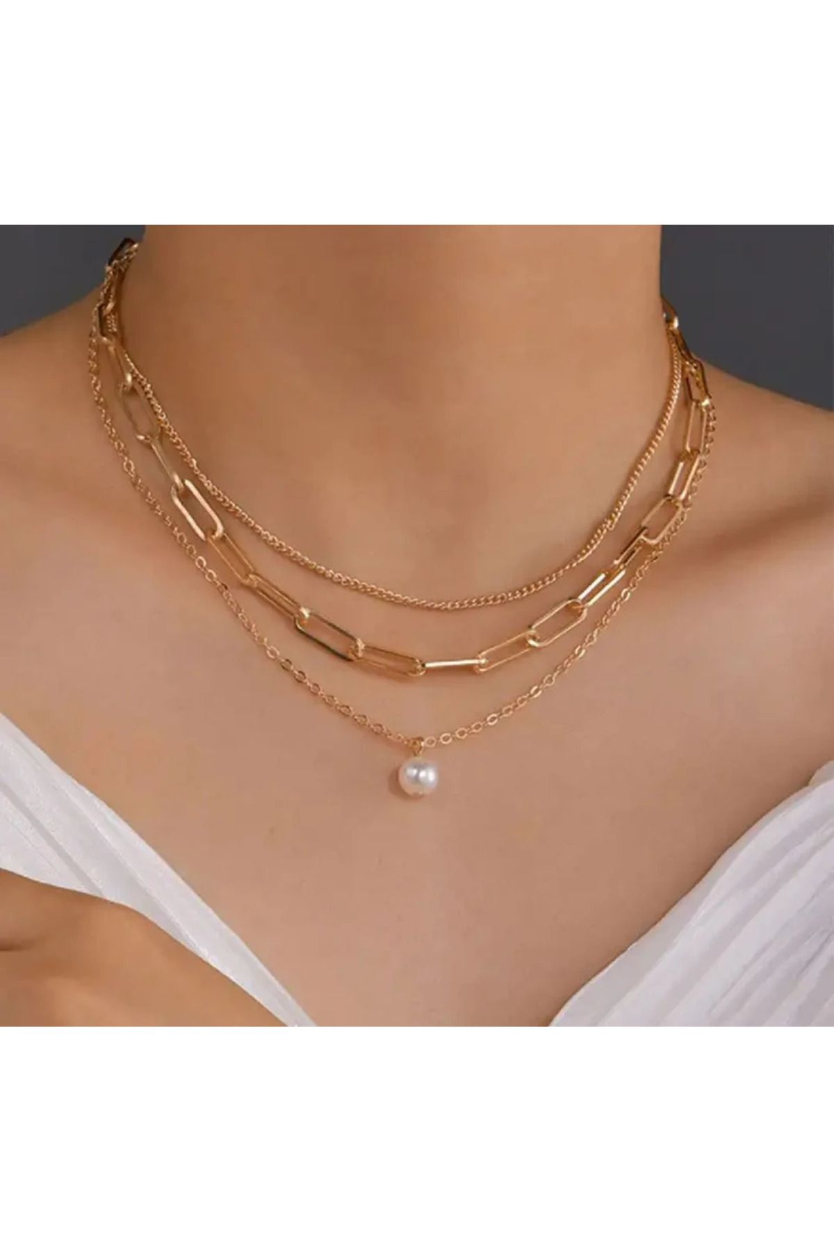 sosyeteyim 3 lü Gold Zincir İnci Detay Kolye Seti